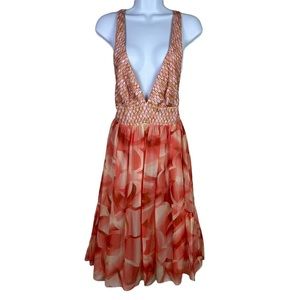Missoni 100% Silk Geometric Deep V Halter Fit And Flare Midi Dress Coral Size M